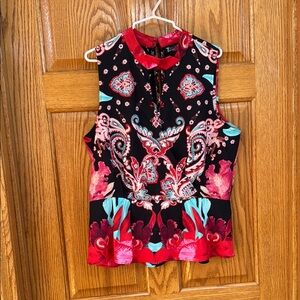 Avenue Black and Red Graphic Peplum Blouse